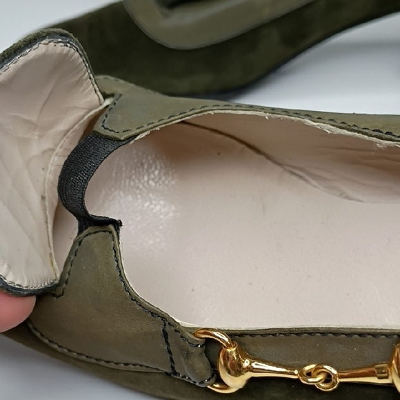 Vintage Gucci Olive Green Suede Block Kitten Heel Loafers Size 37 6.5 Vintage - Picture 8 of 13
